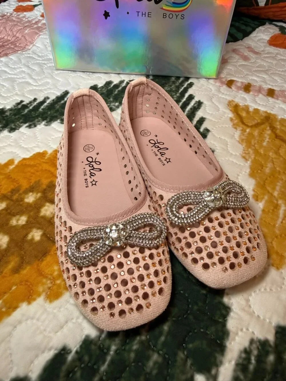 NIB Lola + The Boys Pink Rhinestone Sparkle Bow Ballet Flats Shoes Size 13C EU31